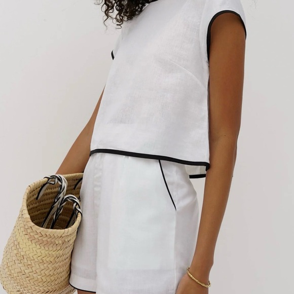 Commense Cotton Contrast Trim Shorts Set Women's White Shorts with Black Trim - Picture 3 of 6